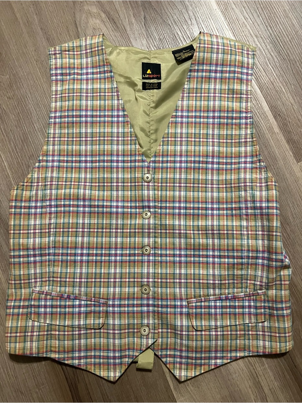 Vintage Lizsport Plaid Suit Vest Size L Beige/Multicolor Lined 5-Button Front